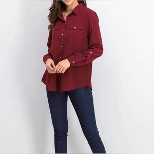NEW Charter Club Women's Long Sleeves Two-Pocket Shirt Wine Small